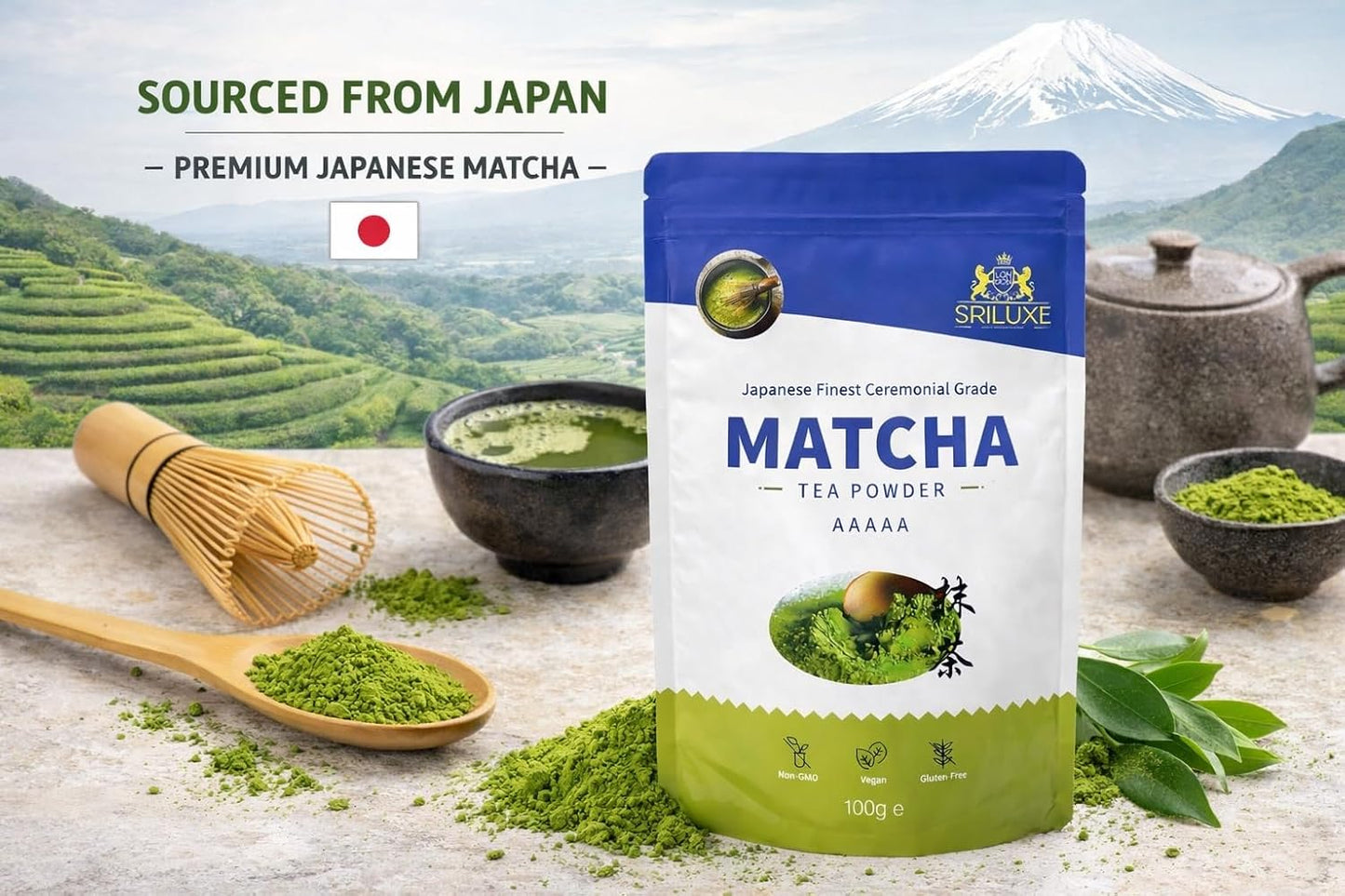 SRILUXE - Ceremonial Matcha Green Tea Powder - Premium Grade-100g. Produced in Japan, Uji, Kyoto. Use for Drinking, Cooking, Baking, Smoothie Making and with Milk. Vegan & Vegetarian Friendly (100g, AAAA (4A))