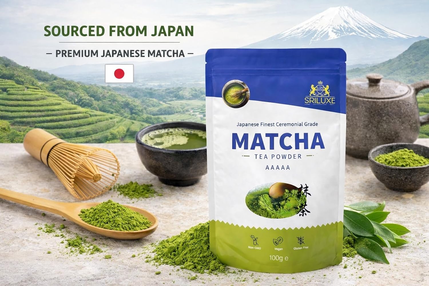 SRILUXE - Ceremonial Matcha Green Tea Powder - Premium Grade-100g. Produced in Japan, Uji, Kyoto. Use for Drinking, Cooking, Baking, Smoothie Making and with Milk. Vegan & Vegetarian Friendly (100g, AAAA (4A))