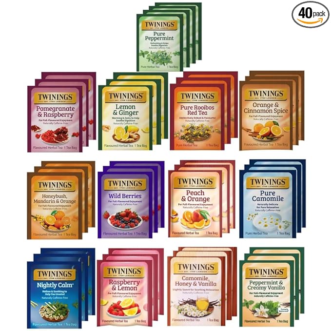 Twinings Herbal Tea Variety Pack - 40 Individually Wrapped Herbal Tea Bags Variety Pack Sampler, 13 Flavors, Caffeine Free (1 Count (Pack of 40))