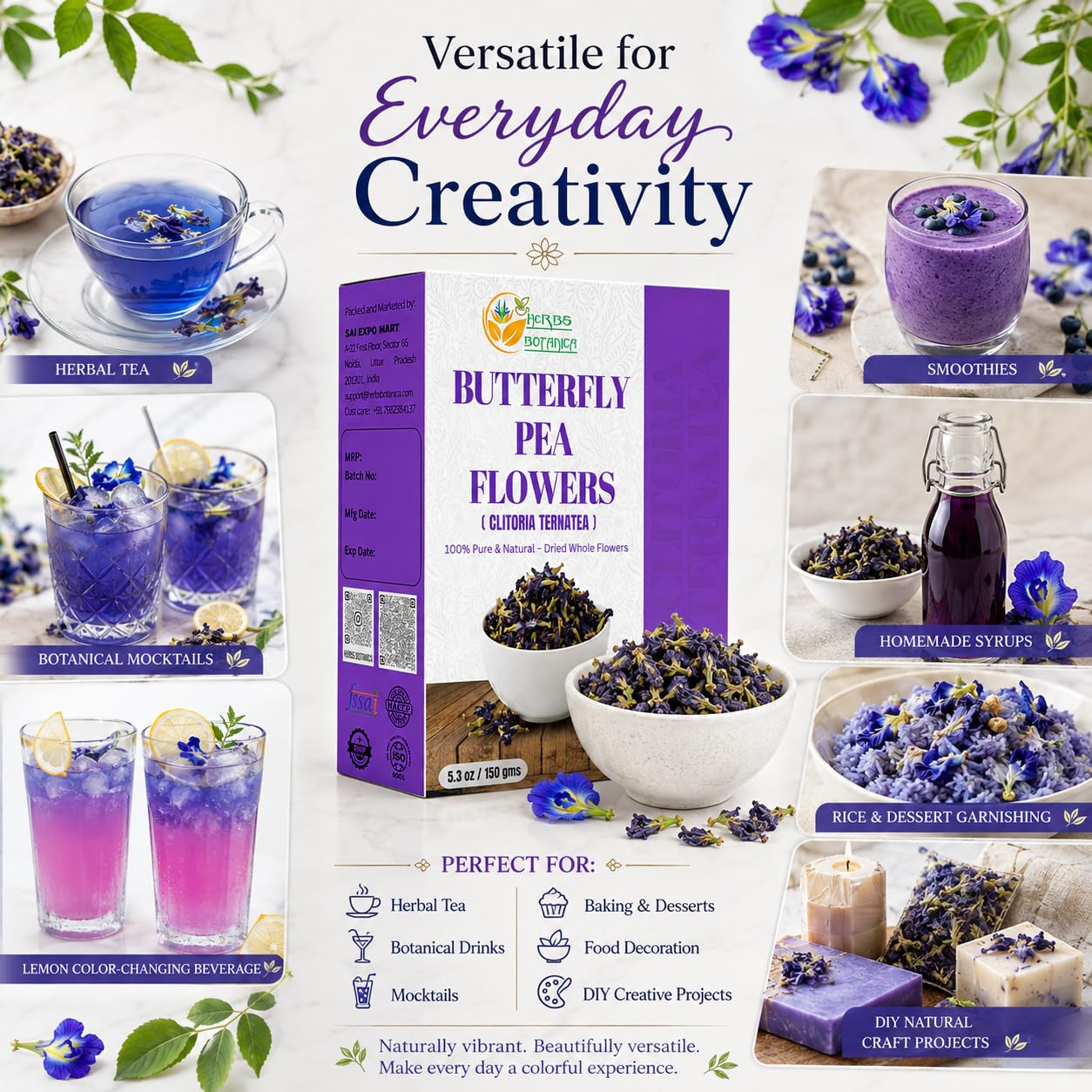 Herbs Botanica Dried Butterfly Pea Flowers – 5.3 oz (150g) – Natural Blue Food Coloring for Tea, Lattes, Cocktails &amp; Baking – Whole Blue Pea Flower (Clitoria Ternatea) – Caffeine Free, Non-GMO &amp; Vegan