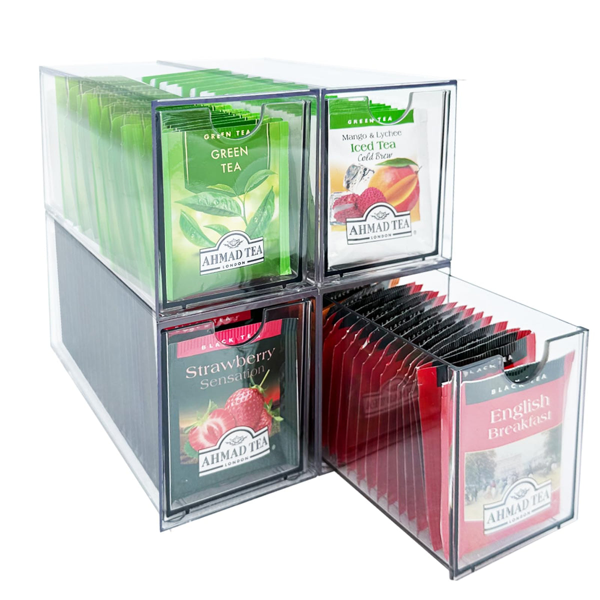 AZEZO 4-Pack Tea Bag Drawers Organizer - 4 Clear Plastic Drawer Tea Bag Holder; Stackable & Portable; Wider Size