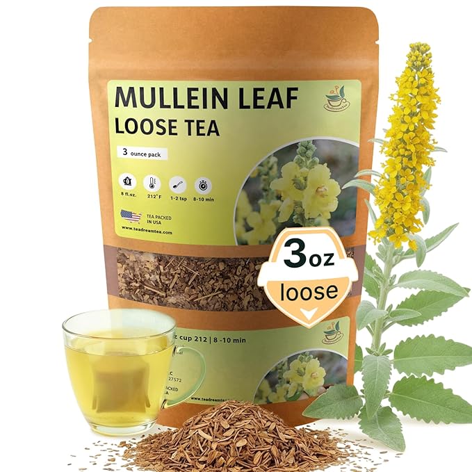 TeaDreamTea Dried Mullein Herbal Tea - Natural Mullein Flowers 3 OZ Loose Tea - Caffeine-free - Pure Natural Premium Mullein Leaf