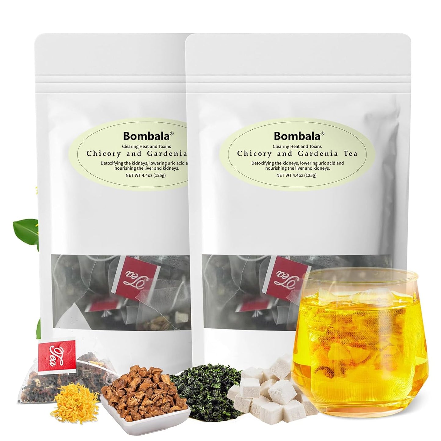 Bombala® 2Packs Chicory and Gardenia Tea- 8 Organic Liver and Kidney Tea Herbal Ingredients - Chinese Herbal Tea Chicory Gardenia tea bags with tuckahoe, cassia seed, mulberry leaf, dandelion, burdock root, barley. -No Sugar No Caffeine &amp;Vegan (5g*25B