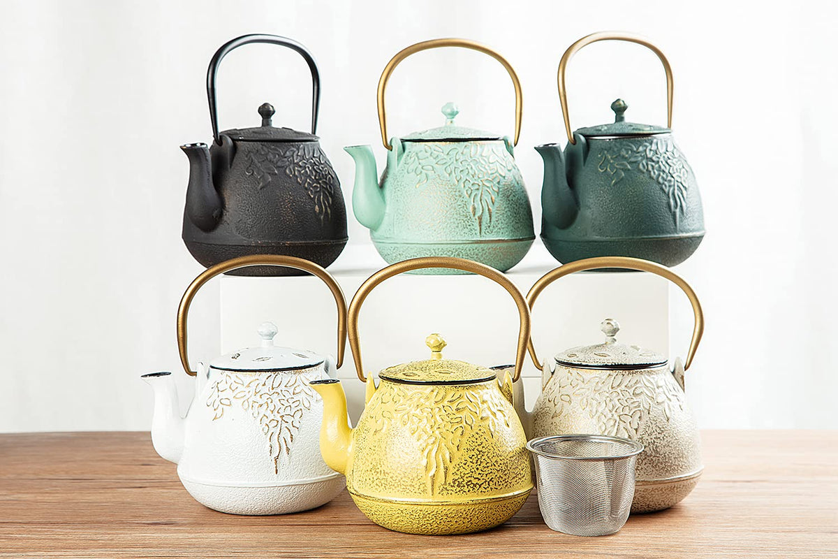 TOPTIER Japanese Teapot with Stainless Steel Infuser, Cast Iron Tea Kettle Stovetop Safe, Leaf Design Coated with Enameled