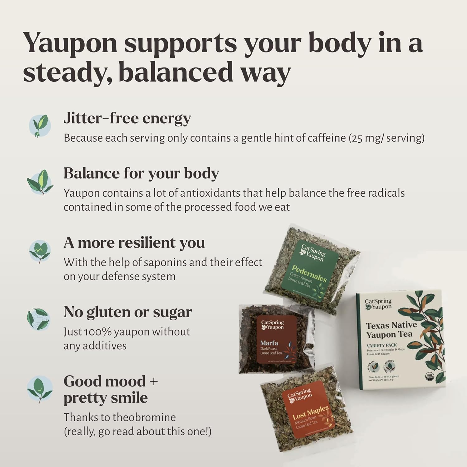 CatSpring Yaupon Tea Variety Pack, 1.5 oz Loose Leaf of Each, Green, Dark, and Medium Roast, Naturally Caffeinated, Sustainable and Wild-Harvested, Non-Bitter, Antioxidant Rich, Made in USA