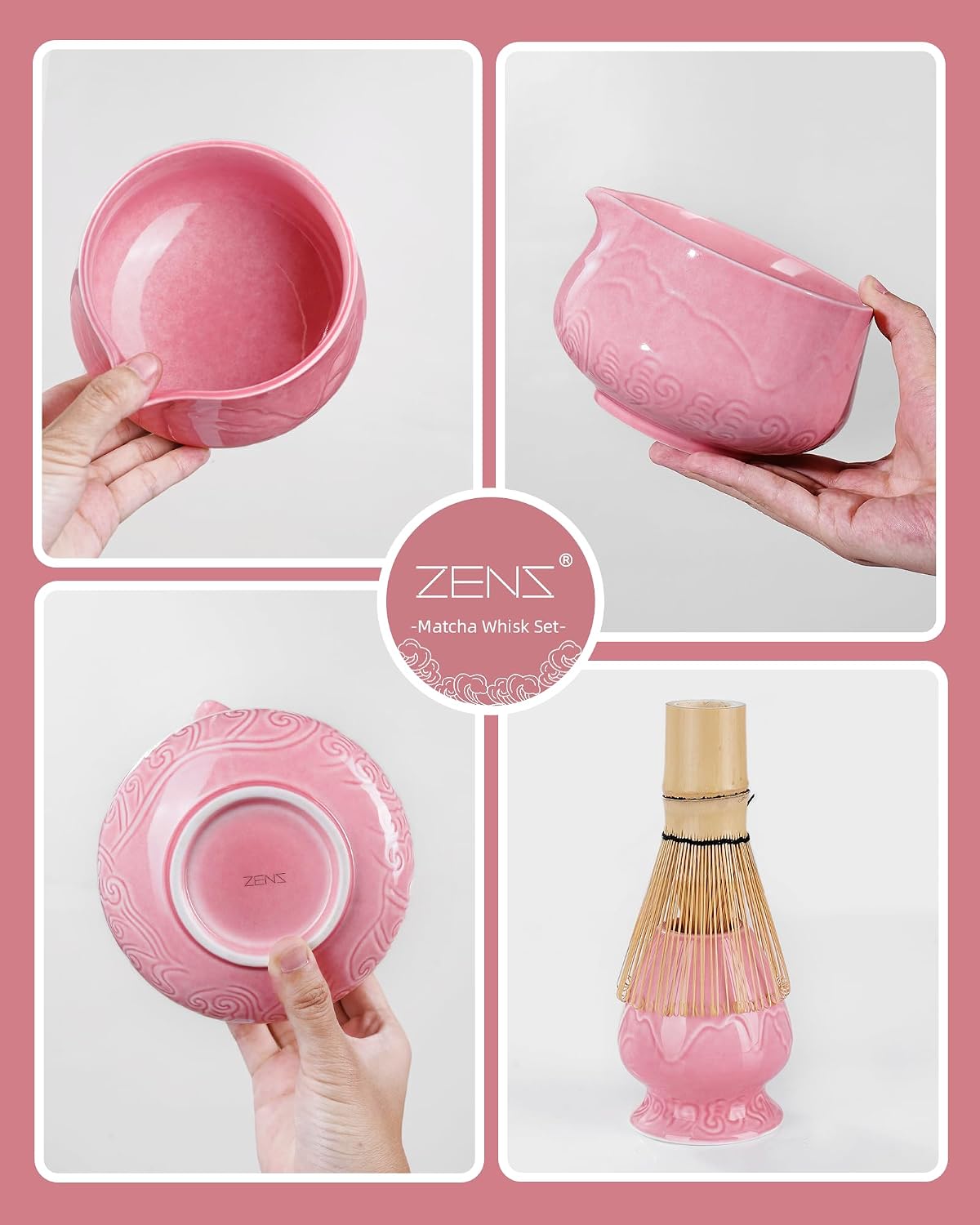 ZENS Premium Matcha Whisk Set, 6pcs Matcha Kit with Matcha Tools, Pink
