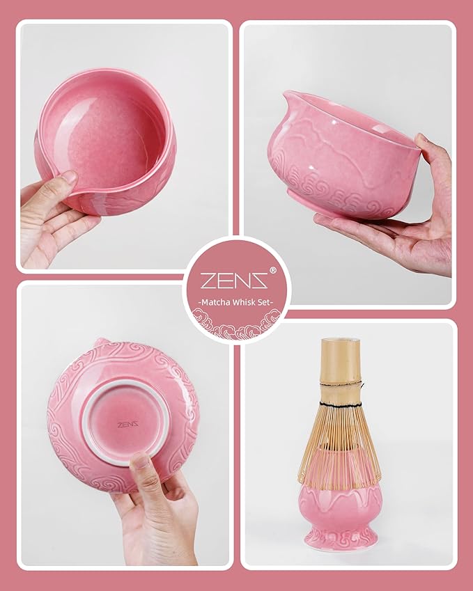 ZENS 7pcs Matcha Set, Matcha Whisk Set Includes Pink Bowl and Cup for Bamboo Whisk, (Chasen Holder), Scoop, 304 Sifter and Tea Mat, Pink Matcha Kit for Matcha Lovers