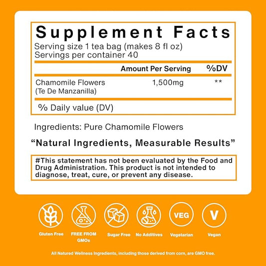 Natured Wellness Chamomile Tea Bags (Te De Manzanilla) – Herbal Tea to Support Stress Relief, Sleep, and Relaxation – with Pure Chamomile Flowers