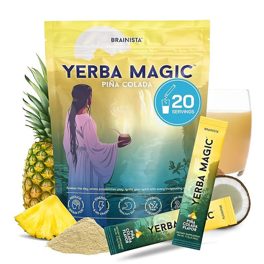 Yerba Magic – Yerba Mate Instant Tea Sticks with Nootropics, Prebiotics & Probiotics – Clean Energy, Mental Clarity & Gut Wellness | Low Sugar, Natural Caffeine – Pina Colada Flavor, 20 Pack