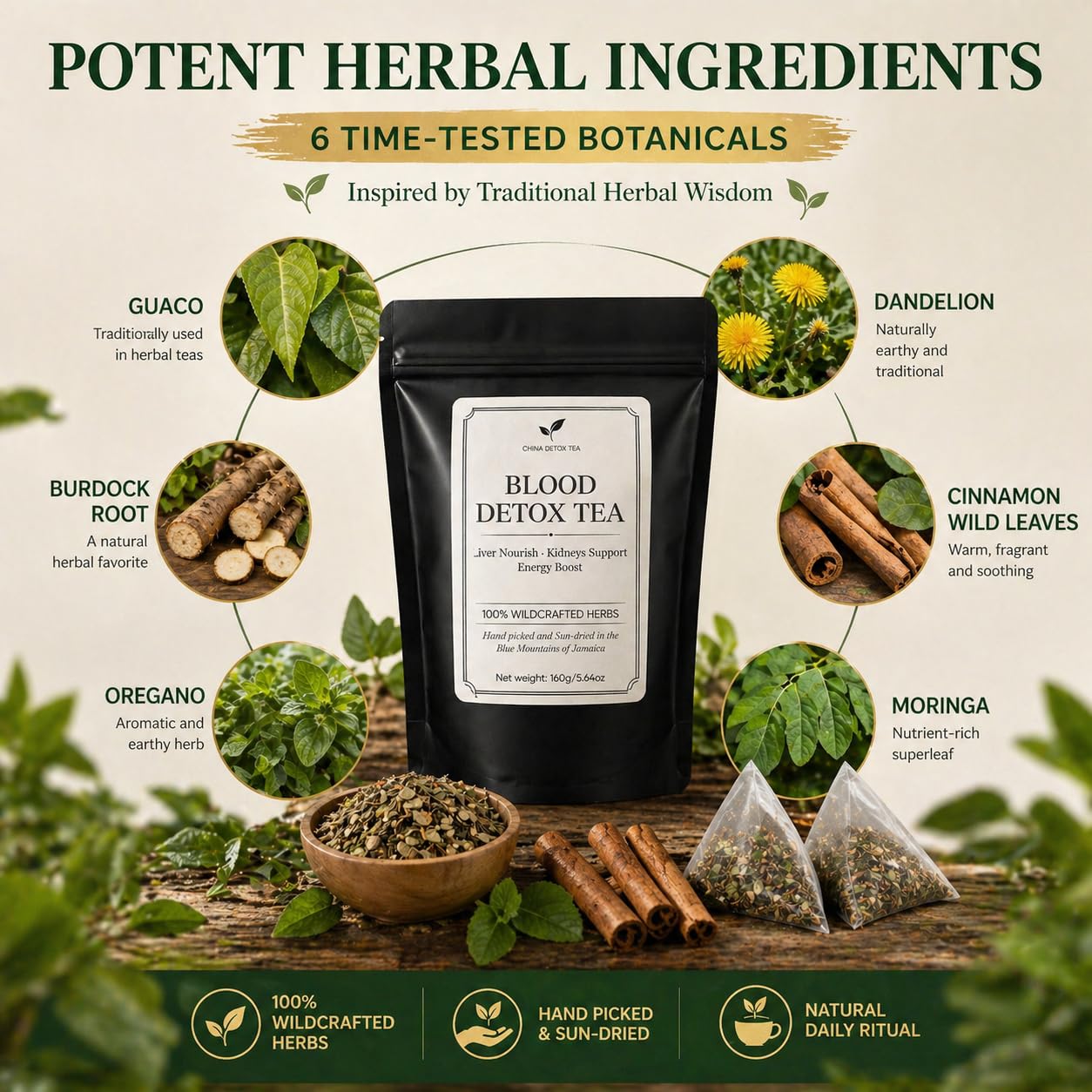 Jamaican Healing Garden Blood Detox Tea, Wildcrafted Herbs with Guaco, Burdock Root, Oregano, Cinnamon, Moringa, Hand Picked and Sun-Dried in the Blue Mountains of Jamalca 160g 5.64oz(1)