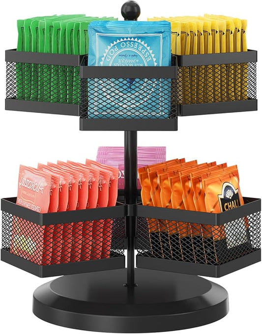 iDavosic.ly 2 Tier Tea Bag Organizer, Packet Storage Holder Spinning Carousel With 6 Compartments, Rotating Metal Caddy for Kitchen Counter Cabinet, Up to 72 Teabags Storage, Black