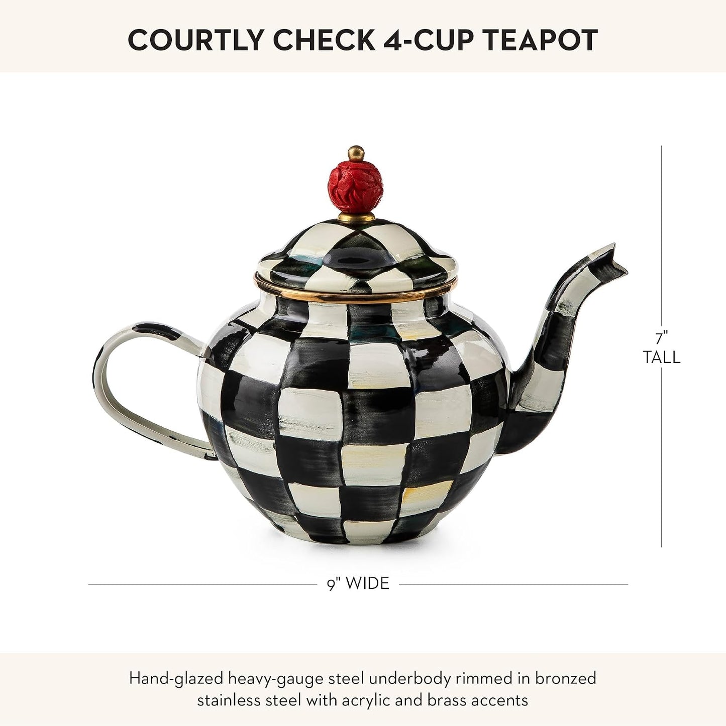 MACKENZIE-CHILDS Enamel Teapot, 4 Cups, Black-and-White Courtly Check | Hand-painted design, small teapot with lid for steeping and serving tea, 9" W x 7" H