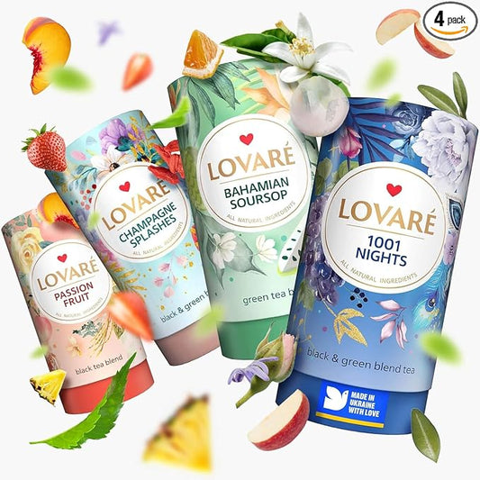 LOVARE Loose Leaf Tea 80 g - Made in Ukraine - Assorted Tea - 1001 Night, Passion Fruit, Sparkling Splashes, Bahamian Soursop - Gift Box with 60 Paper Filters – Easy to Brew Flavored tea