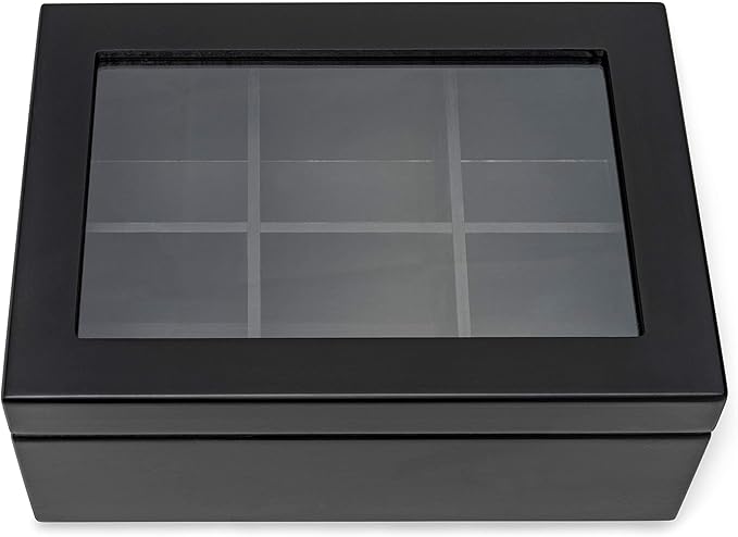 Break Tradition Wooden Tea Organizer For Tea Bags - 6 Compartments, Clear Top Window, Lid Stays Open (Black)
