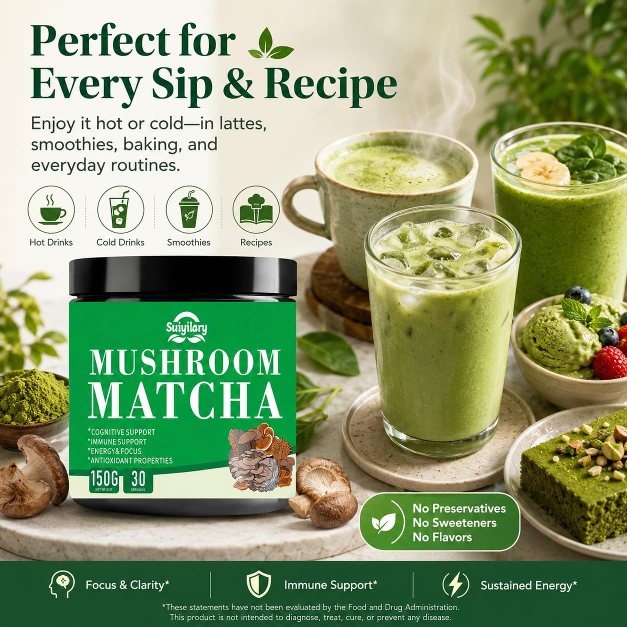Suiyilary Mushroom Matcha, Ceremonial Matcha Tea Powder with 7 Superfood Mushrooms, Gluten Free, Taste Great Hot or Cold Matcha Latter - 150g 30 Serving