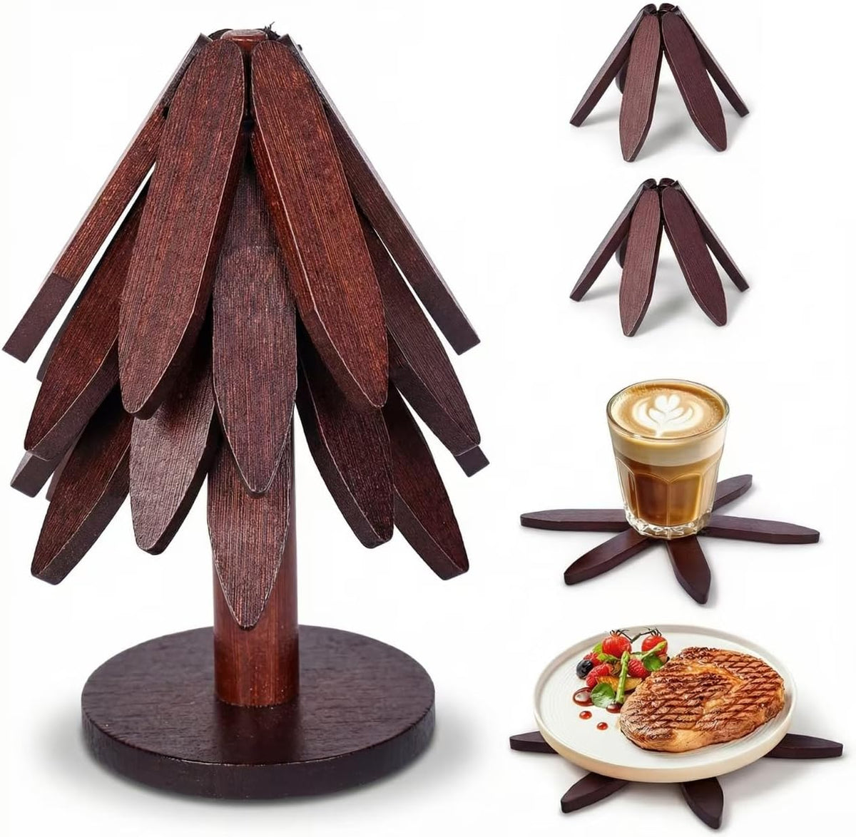 DecBeLiv Foldable Tree Trivet Wooden Hot Plate Holder, Bamboo Trivet for Hot Dishes, Heat-Resistant Pot Holder Tree for BBQ, Picnic, Outdoor Dining &amp; Kitchen Decor