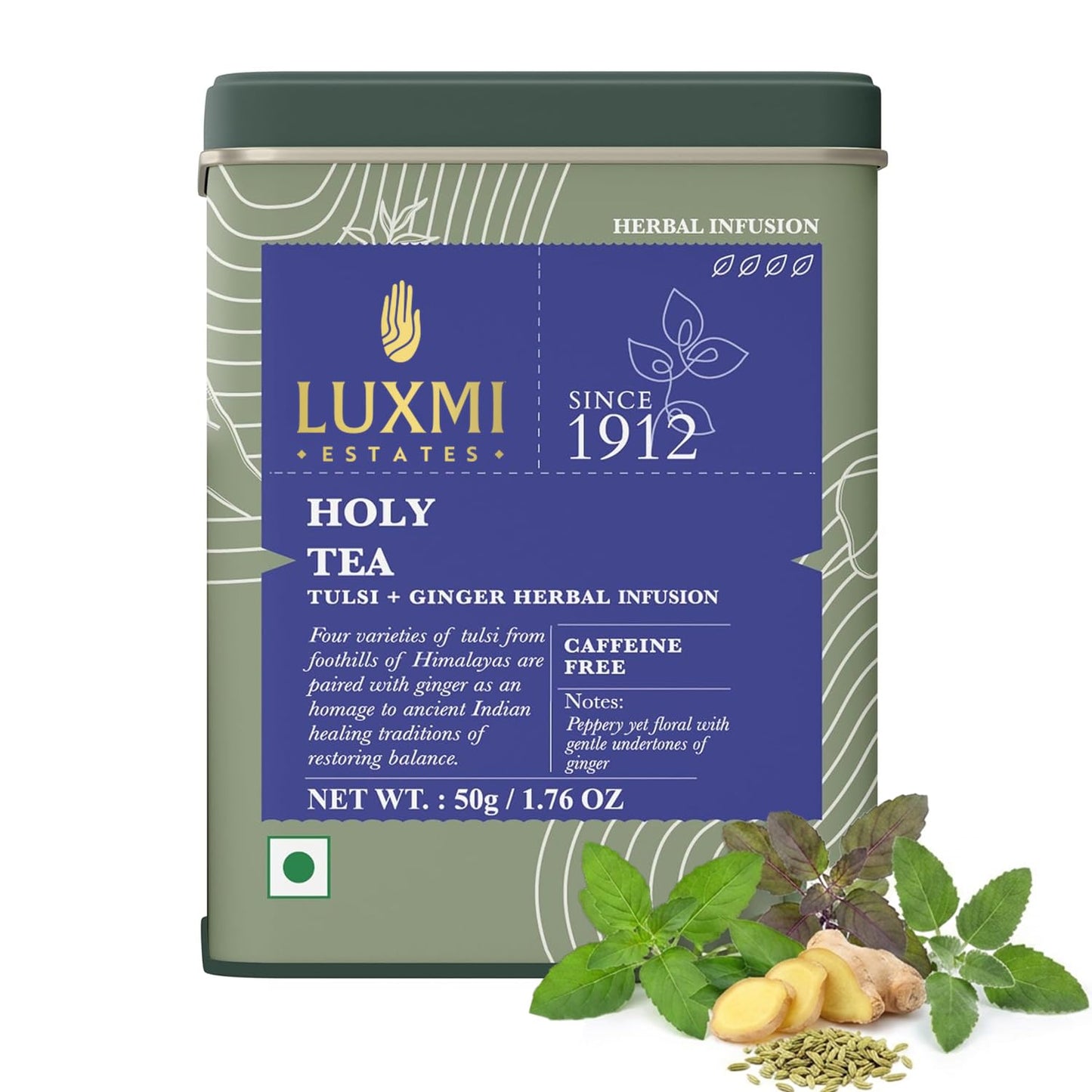Luxmi Estates Holy Basil Tulsi Ginger Tea for Immunity | Loose Leaf 25 Cups (50g/1.76oz) | Caffeine Free | Non-GMO