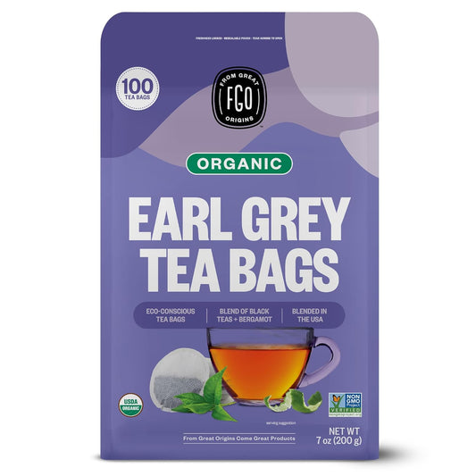 FGO Organic Earl Grey Black Tea, 100 Count, Eco-Conscious Tea Bags, Resealable Bag