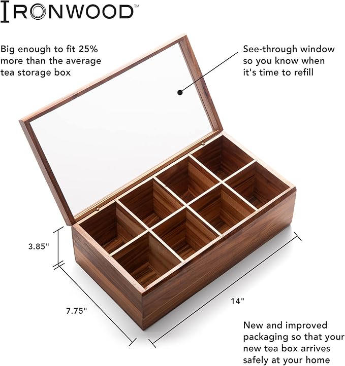 Ironwood Cornwall Tea Box, 8 Compartment Tea Organizer, Acacia Wood