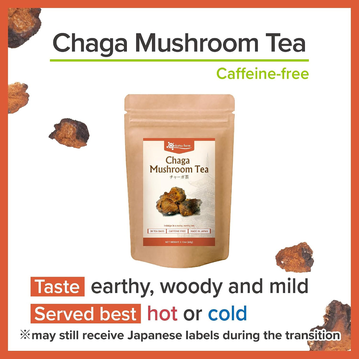 Onkatsu Frarm Chaga Tea Bags 30 Count Teabags Caffeine Free