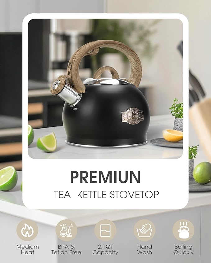 Tea Kettle Stovetop, Black Tea Kettles-2.1 Quart Loud Whistle Stovetop Teapot,Food Grade Stainless Steel with Wood Pattern Handle