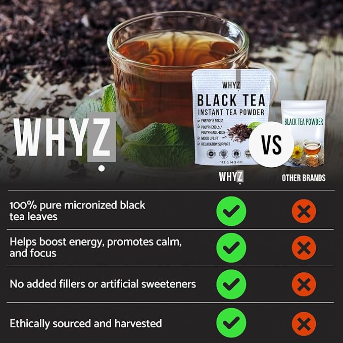 WHYZ Instant Black Tea Powder, 4.5 oz, Unsweetened Iced Tea Concentrate from Real Black Tea Leaves, Instant Powder for Hot & Cold Drinks, Powdered & Unsweet Tea 127 Servings