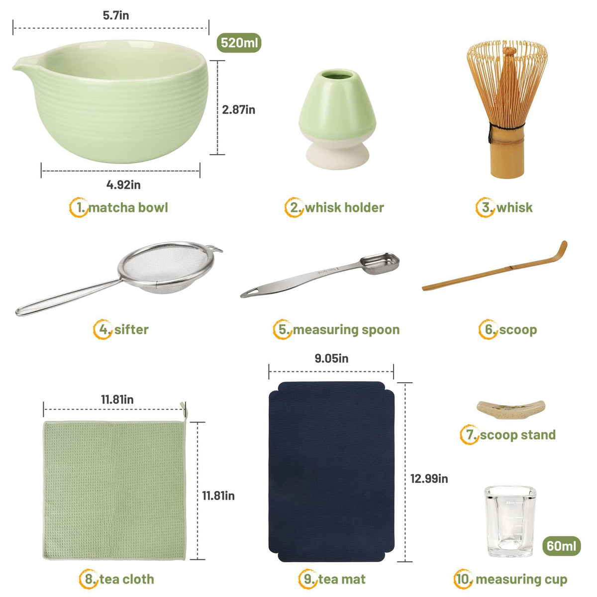 Joiish Complete Matcha Whisk Set, 10-Pcs Matcha Kit, Light Green
