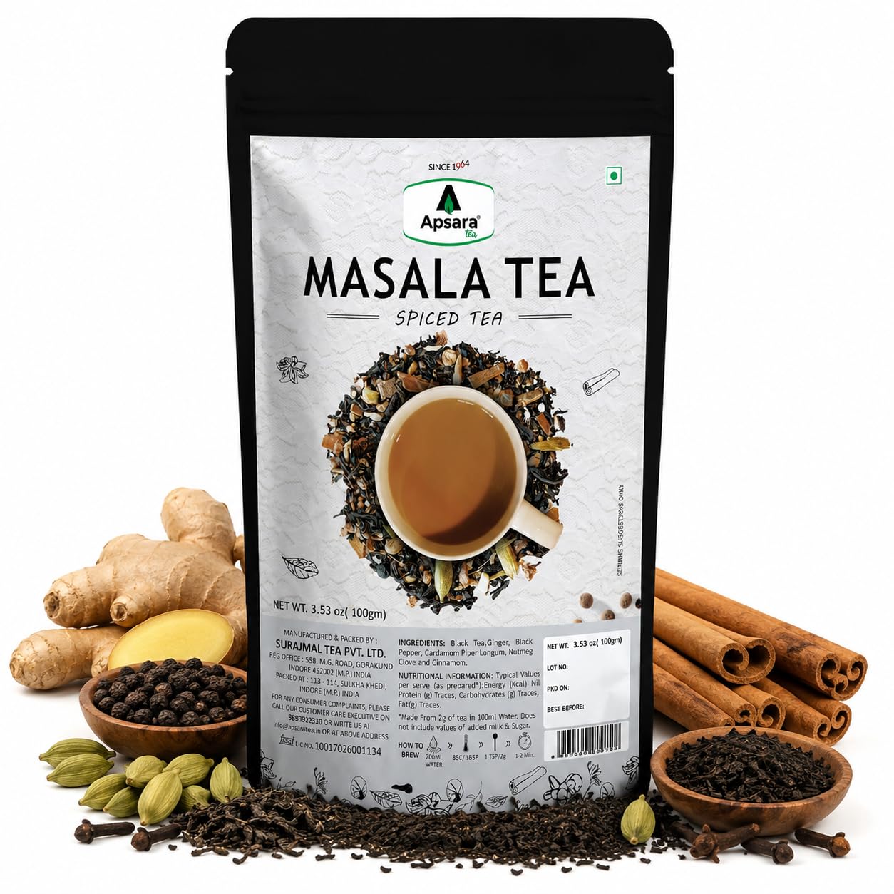 APSARA Premium Masala Chai Tea, Authentic Indian CTC Black Tea Blend with Ginger, Cardamom, Cinnamon, Black Pepper &amp; Cloves, Strong Aroma and Bold Flavor, Spiced Tea for Traditional Milk Chai, 100g
