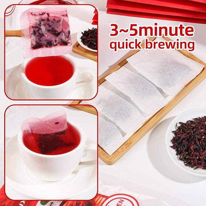 Premium Hibiscus Tea Bags, 60 Count, 100% Pure & Natural Dried Hibiscus Flowers - No Sugar, Caffeine-Free, Gluten-Free, Vegan. Tart & Refreshing