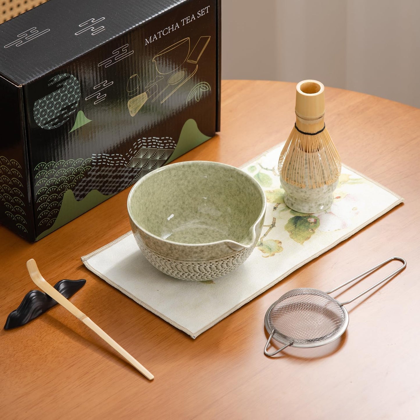 DWEHIXBUY matcha whisk set Ceremony Accessory, Matcha Whisk, Traditional Scoop (Chashaku), Tea Spoon, Whisk Holder, 1 tea bowl, 1 tea siev, 7pcs matcha set.matcha green matcha kit