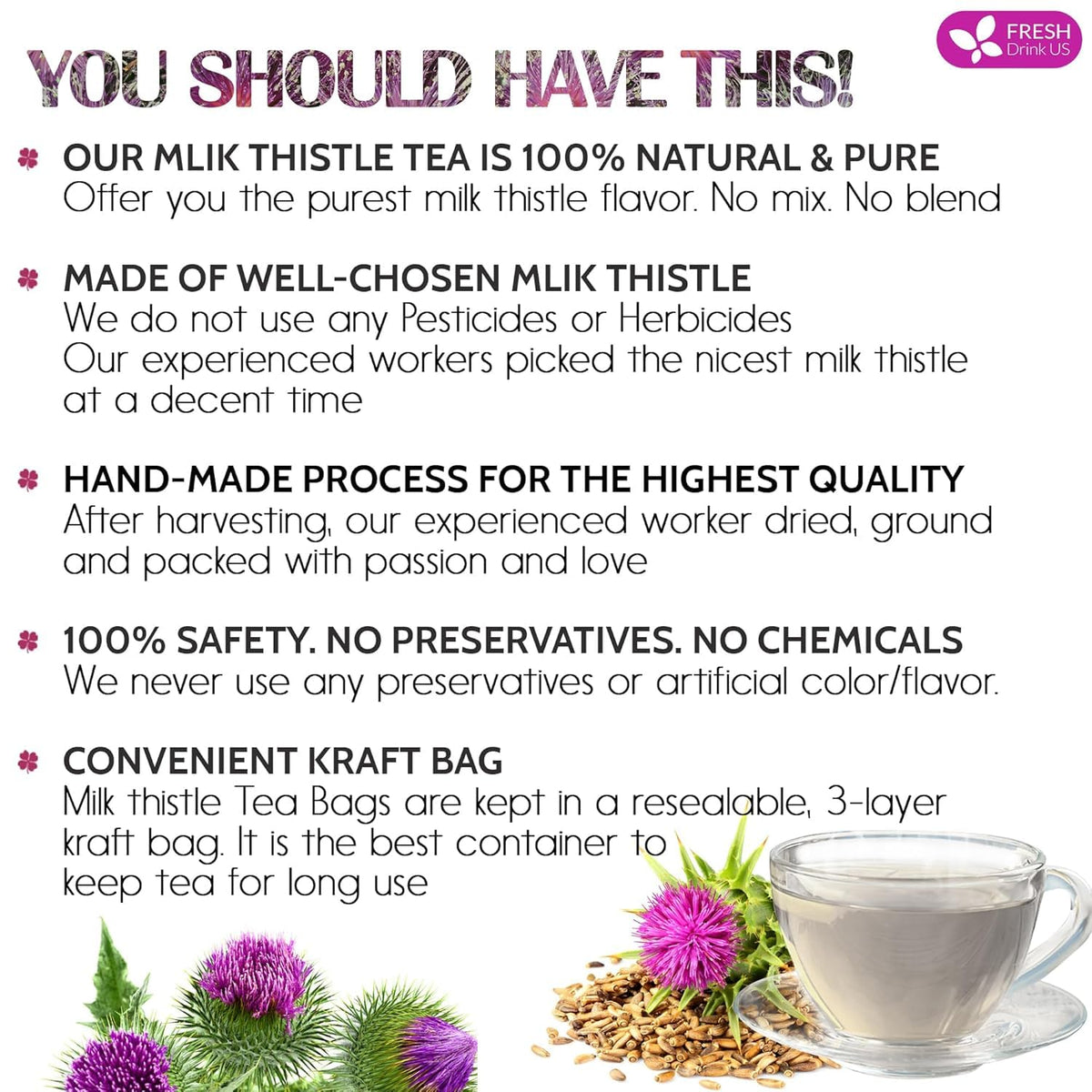 FreshDrinkUS, Premium Milk Thistle Tea, 135 Count, Pure, Caffeine Free