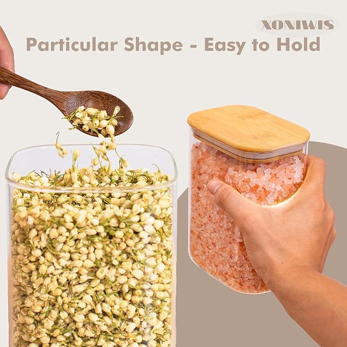 26oz 6PCS Rectangle Glass Pantry Containers with Lids, Glass Jars with Lids, Clear Food Storage Jars, Small Canister for Salt, Pepper, Spices, Nuts