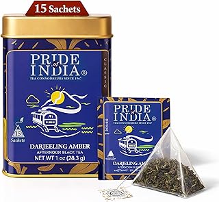 Pride of India Darjeeling Amber Black Tea 1 oz (28.3g) – 15 Tea Bags Individually Wrapped | Full Leaf Darjeeling Tea with Smooth Musky Floral Flavor for Hot or Iced Drinks | Single Estate Certified