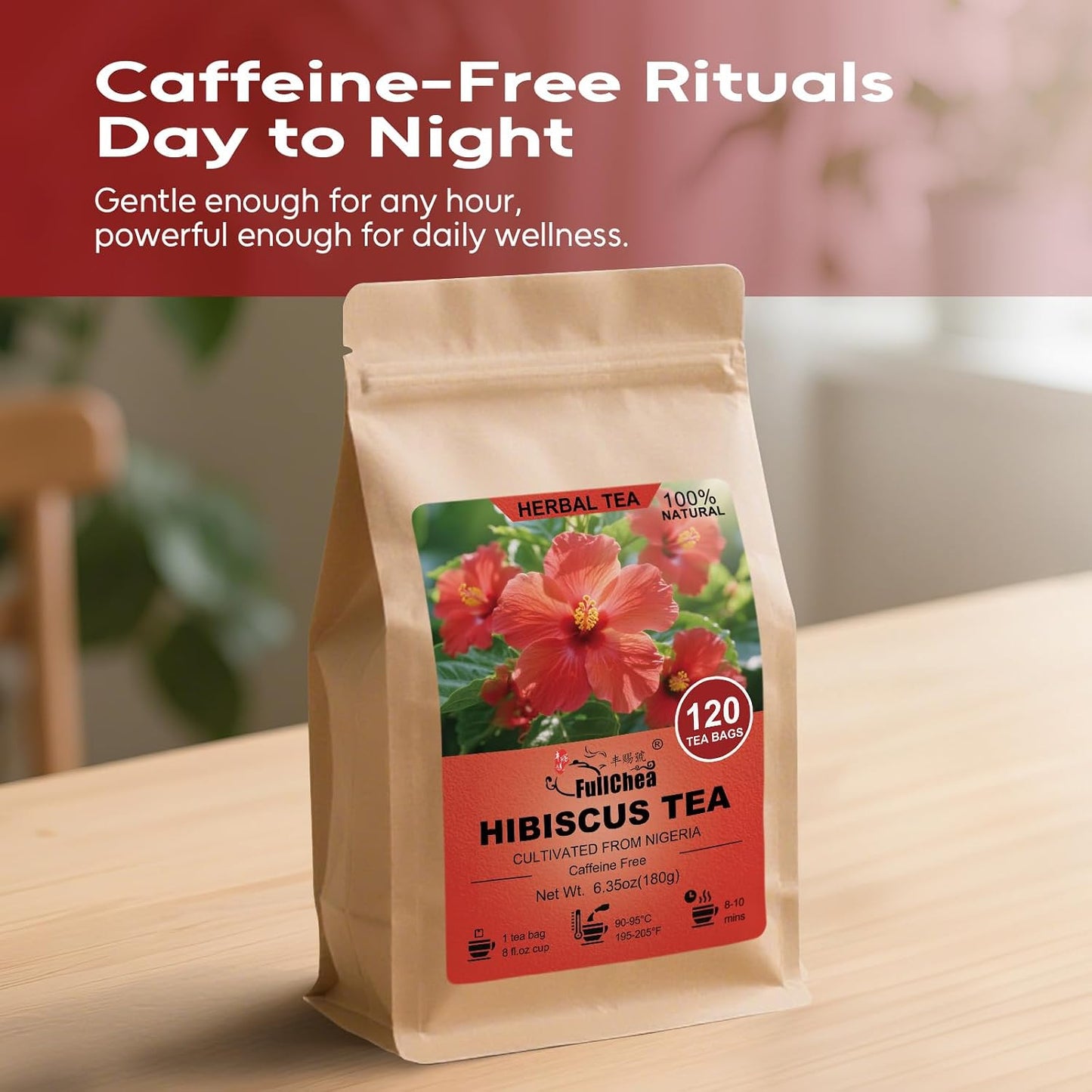 FullChea Hibiscus Tea Bags, 120 Counts, Flor De Jamaica, Non-GMO | Pure Hibiscus Flowers, Caffeine-Free, Support Digestion &amp; Boost Immunity, Hot &amp; Iced Tea, No Additives, Resealable Pouch