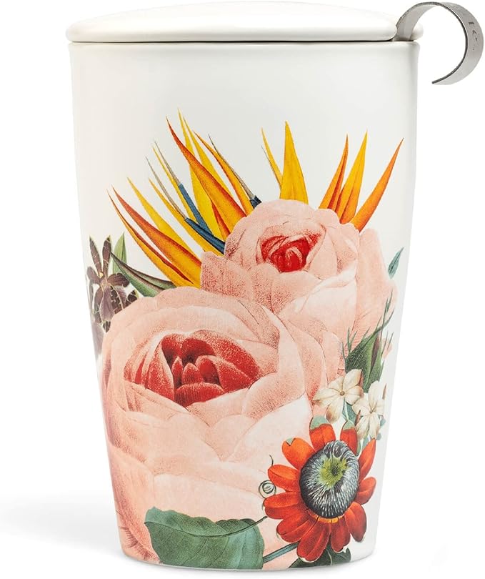 Tea Forte Double-Walled Ceramic Kati Cup, Removable Stainless Steel Infuser Basket and Lid, Steeps 12 oz Loose Leaf Tea, Dishwasher & Microwave Safe