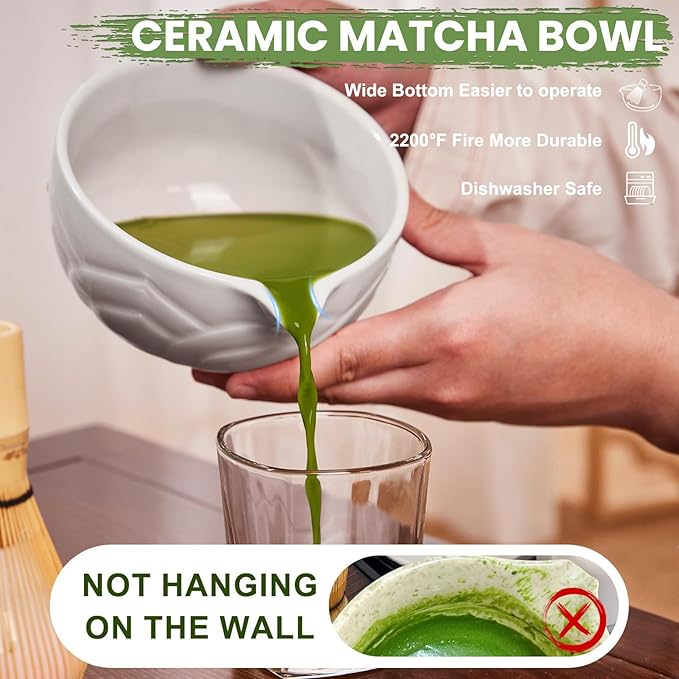 Matcha Whisk Set, Lotus White Ceramic Matcha Set Includes Matcha Bowl, Matcha Whisk (Chasen) and Holder, Sifter, Bamboo Scoop & Spoon