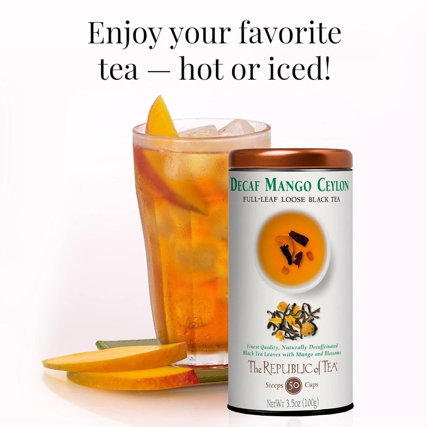 The Republic of Tea Decaf Mango Ceylon Black Full-Leaf Loose Tea 3.5 Ounce Tin | Steeps 50 Cups