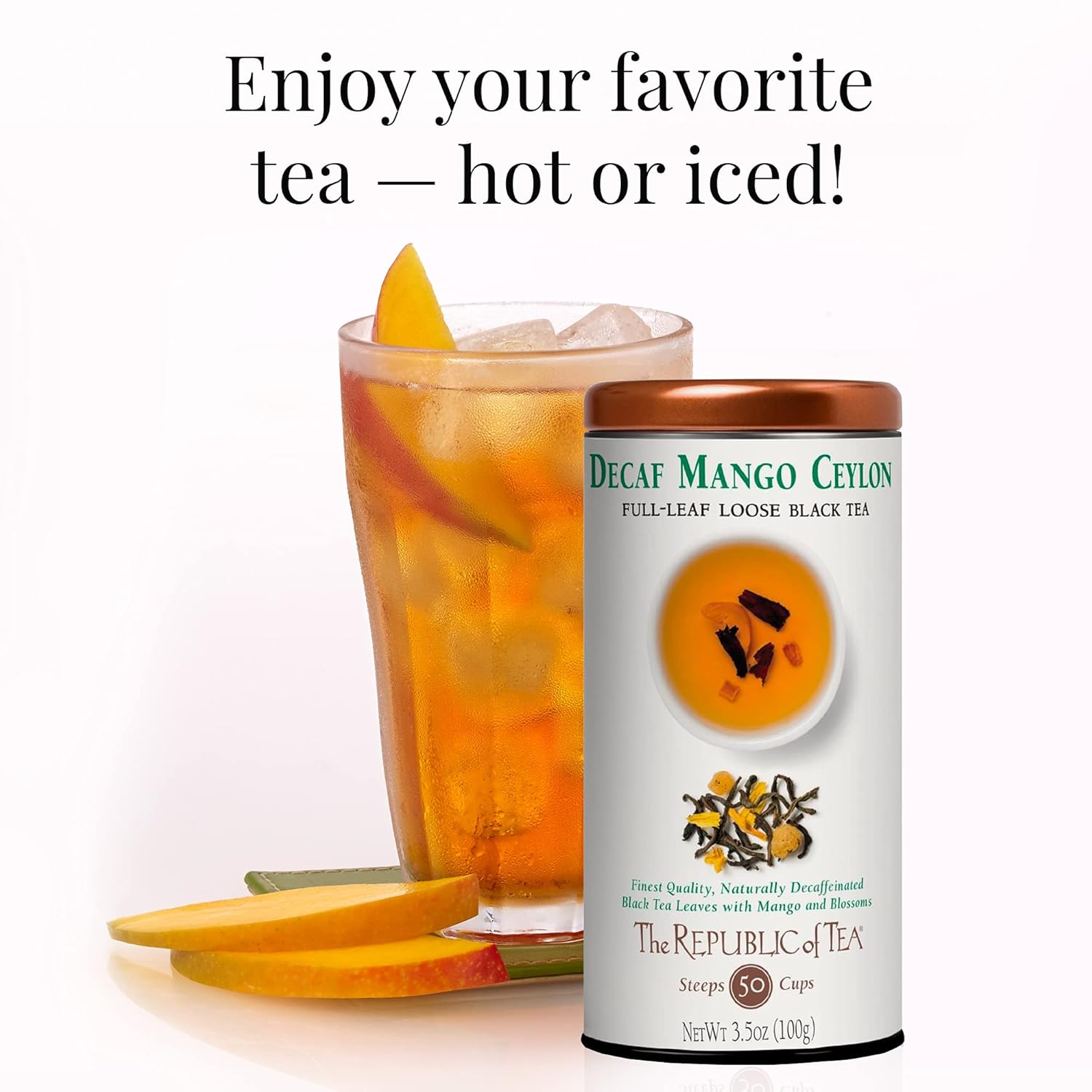 The Republic of Tea Decaf Mango Ceylon Black Full-Leaf Loose Tea 3.5 Ounce Tin | Steeps 50 Cups