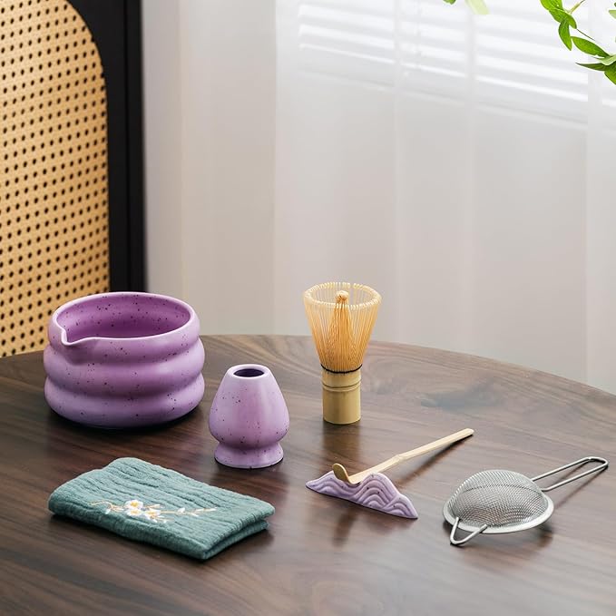 7Pcs Japanese Matcha Tea Set, Matcha Kit with Matcha Bowl (with Pouring Spout), Matcha Whisk, Whisk Holder, Strainer