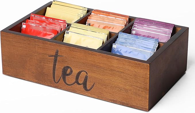 Tea Bag Organizer,Acacia Wood Tea Storage Containers with 6 Compartments, Sugar Packet Holder,Tea Ba