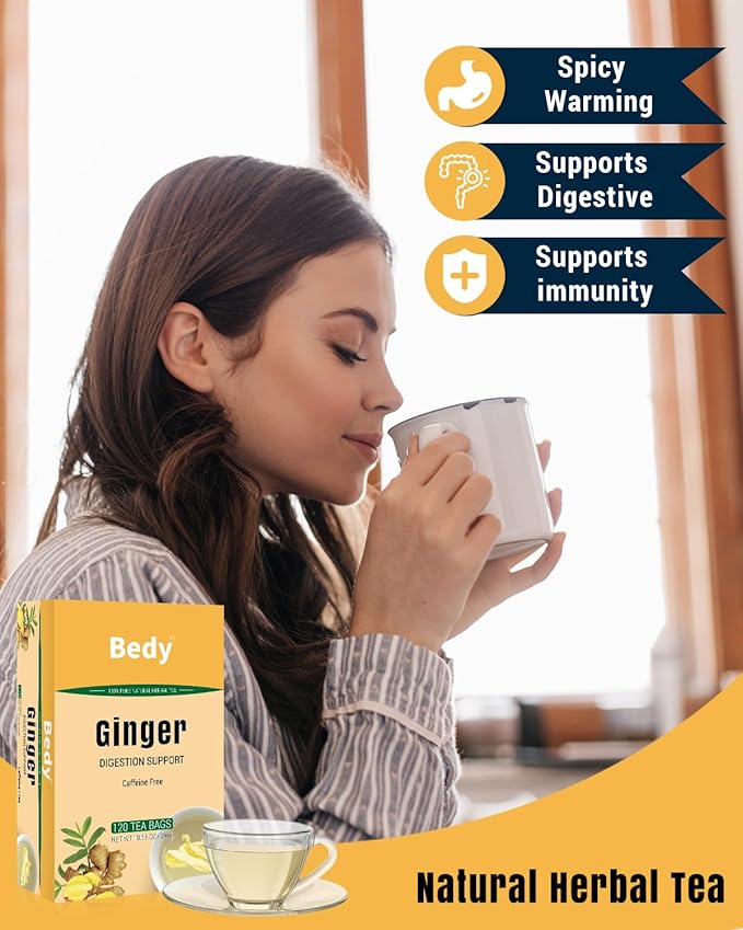 Bedy Ginger Tea Supports Healthy Digestion, Pure Natural Herbal Tea, Spicy & Warm, Caffeine Free, 120 Teabags Individually Wrapped