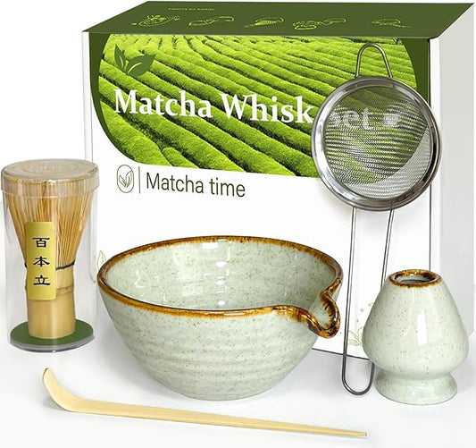 Matcha Whisk Set with Matcha Bowl, Matcha Whisk Holder Matcha Bamboo Whisks, Scoop, Sifter