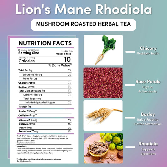 Teeccino Lion’s Mane Rhodiola Tea - Rose - 25 TeaBags Caffeine-Free Mushroom Adaptogenic Herbal Tea