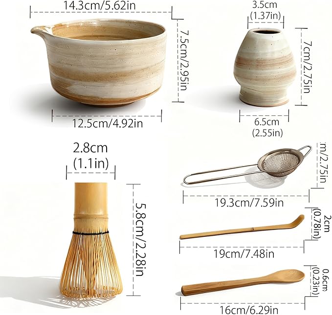 Matcha Whisk Set, Matcha Set, 6 Pieces, with Bamboo Whisk, Ceramic Bowl & Sifter Complete Matcha kit Tea Includes Scoop & Spout Bowl