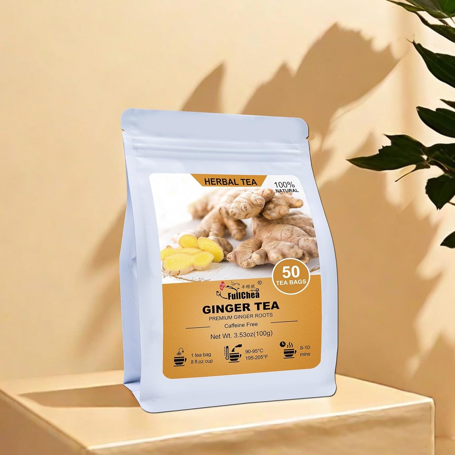 FullChea Ginger Tea Bags, 50 Counts, Te De Jengibre, Non-GMO