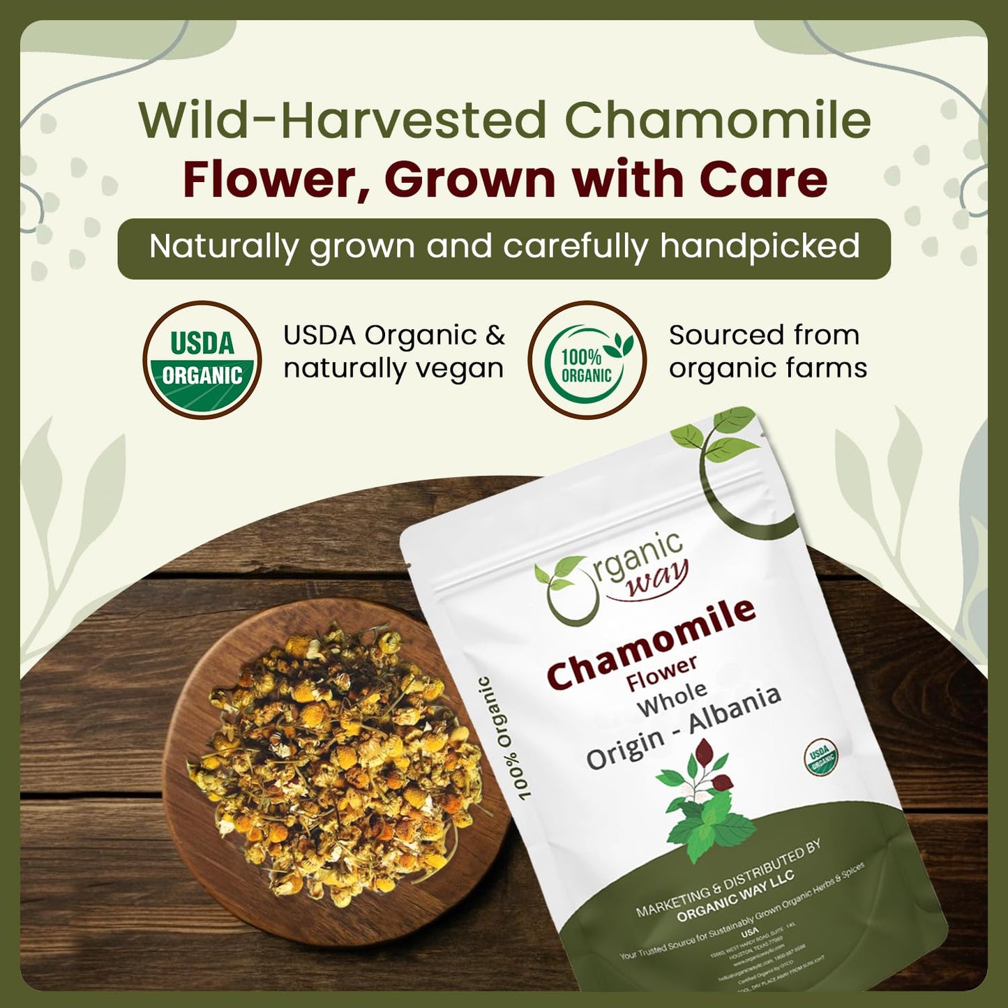 Organic Way Chamomile Flower Whole - Herbal Tea (2 Ounce) | Matricaria chamomilla botanical herb, European Wild-Harvest USDA Organic and Kosher Certified; Non-GMO Origin Albania