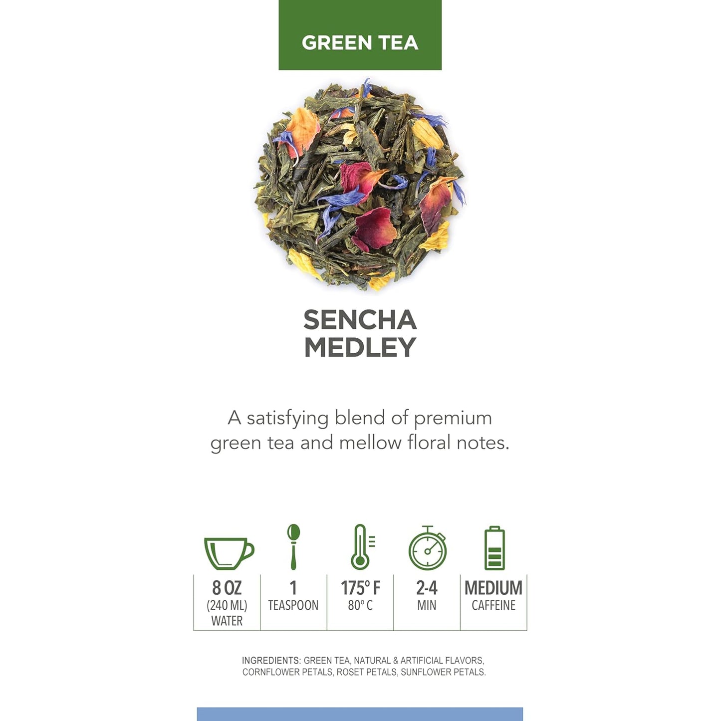 Teabloom Green Tea, Sencha Medley Loose Leaf Tea, Fresh and Floral, Purest Quality Green Tea Leaves Combined with Pretty Botanicals in Reusable Gift Canister, 2.82oz/80 g Canister Makes 35-50 Cups
