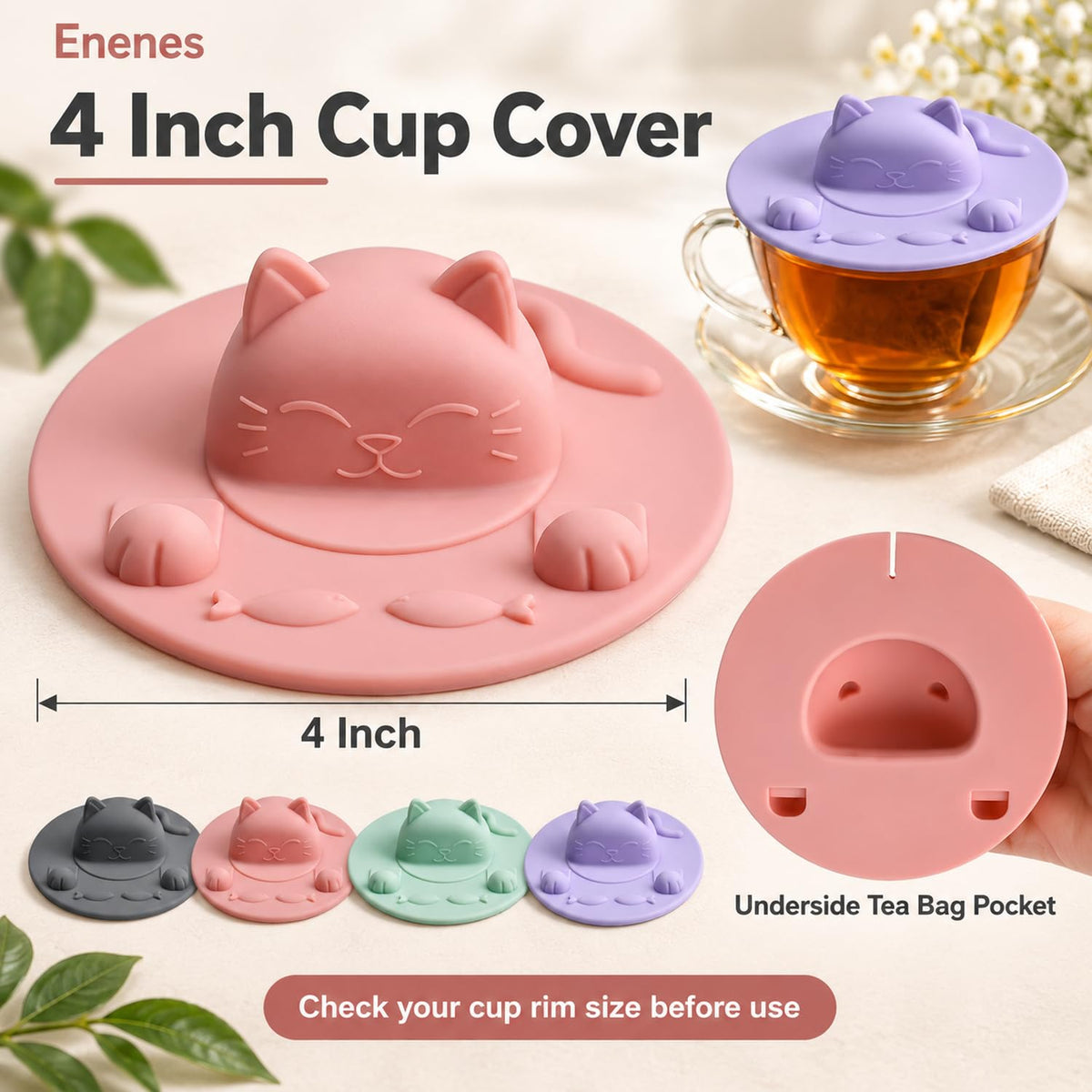 Enenes Tea Bag Holder and Squeezer 4 Pack, 4 Inch Cat Silicone Cup Cover