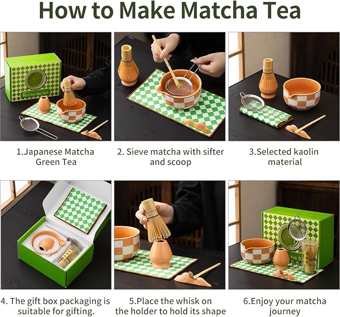 Premium 7-Piece Matcha Tea Set – Traditional Japanese Style with Elegant Grid Pattern, Includes Bamboo Whisk, Ceramic Bowl, Scoop & More
