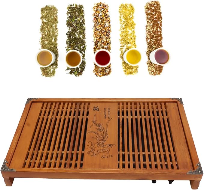 Kungfu Tea Tray Chinese Gongfu Tea Tray Drainage Water Storage Wood Tea Table with Drain Pipe (Yellow Orchid)